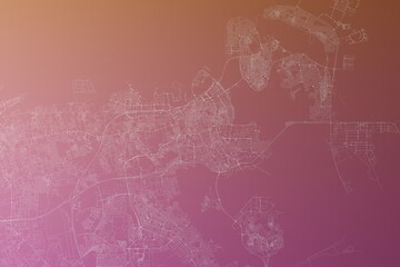 Map of the streets of Manama (Bahrain) made with white lines on pinkish red gradient background. Top view. 3d render, illustration