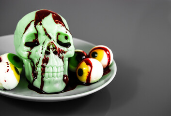 A skull with bloodshot eyes on a plate for hallowen 2022