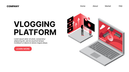Vlogging Platform. Video Blogging. Horizontal Web Landing Page. Vector illustration