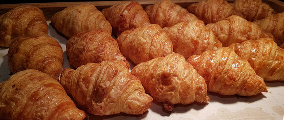 Fresh Baked Croissants. Warm Fresh Buttery Croissants and Rolls. French and American Croissants and Baked Pastries