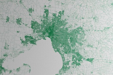 Fototapeta premium Map of the streets of Melbourne (Australia) made with green lines on white paper. 3d render, illustration