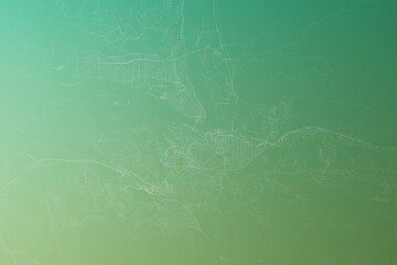 Map of the streets of Kamloops (Canada) made with white lines on yellowish green gradient background. Top view. 3d render, illustration
