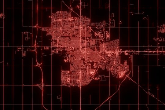 Street map of Regina (Canada) made with red illumination and glow effect. Top view on roads network. 3d render, illustration