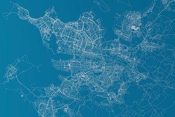 Map of the streets of Reykjavik (Iceland) made with white lines on blue background. 3d render, illustration