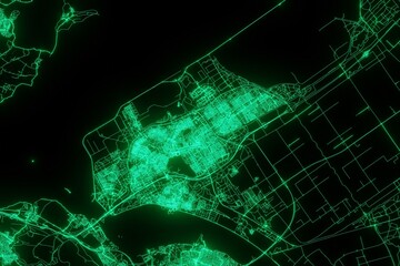Map of the streets of Almere (Netherlands) made with green illumination and glow effect. Top view on roads network. 3d render, illustration