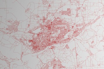 Map of the streets of Rostov on Don (Russia) made with red lines on white paper. 3d render, illustration