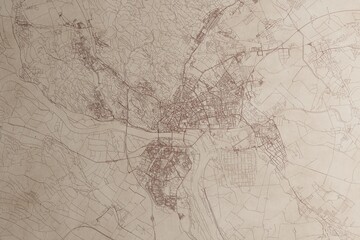 Obraz premium Map of Bratislava (Slovakia) on an old vintage sheet of paper. Retro style grunge paper with light coming from right. 3d render