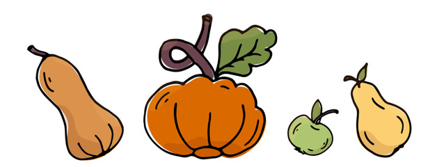 Set two pumpkins orange apples green and yellow pear