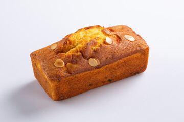 Sliced moist butter cake isolated over the white background. Pineapple sponge cake slices