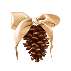 Christmas Pine Twigs with gold Ribbon and Pine Cone. watercolor Illustration