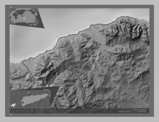 Oecusse, East Timor. Grayscale. Labelled points of cities