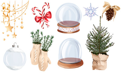 Watercolor Christmas winter set. Snow glass ball, mittens, Christmas tree, snowflakes, Christmas lollipop on a white background