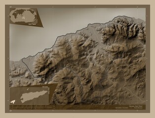 Oecusse, East Timor. Sepia. Labelled points of cities