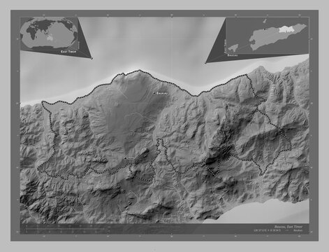 Baucau, East Timor. Grayscale. Labelled points of cities