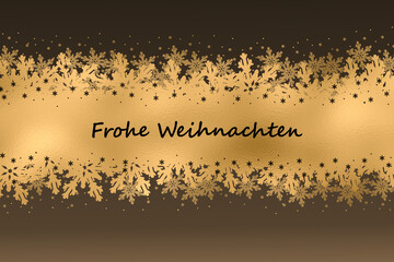 Schriftzug Frohe Weihnachten auf goldenen Hintergrund mit Schneeflocken