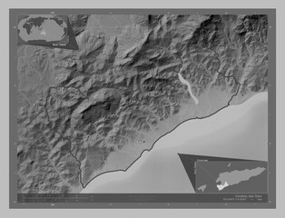Covalima, East Timor. Grayscale. Labelled points of cities