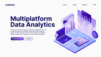 Multiplatform Data Analytics. Data Analyse. Landing Page Template. Vector illustration