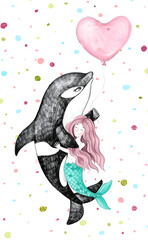 A little mermaid with pink hair hugs a big killer whale holding a balloon in its fin. Surreal illustration. Mixed style of digital art and pencil sketch