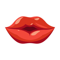 Red lips. Female smile, woman biting lip, showing kiss expression or tongue. Vector illustration for glamour, lipstick, emotions, comics concept