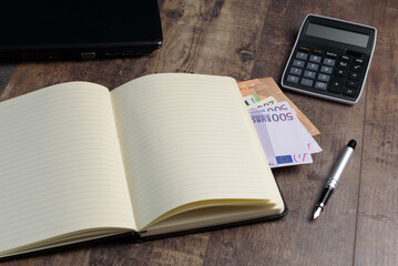 Accounting book with euro banknotes and fountain pen on wood background.