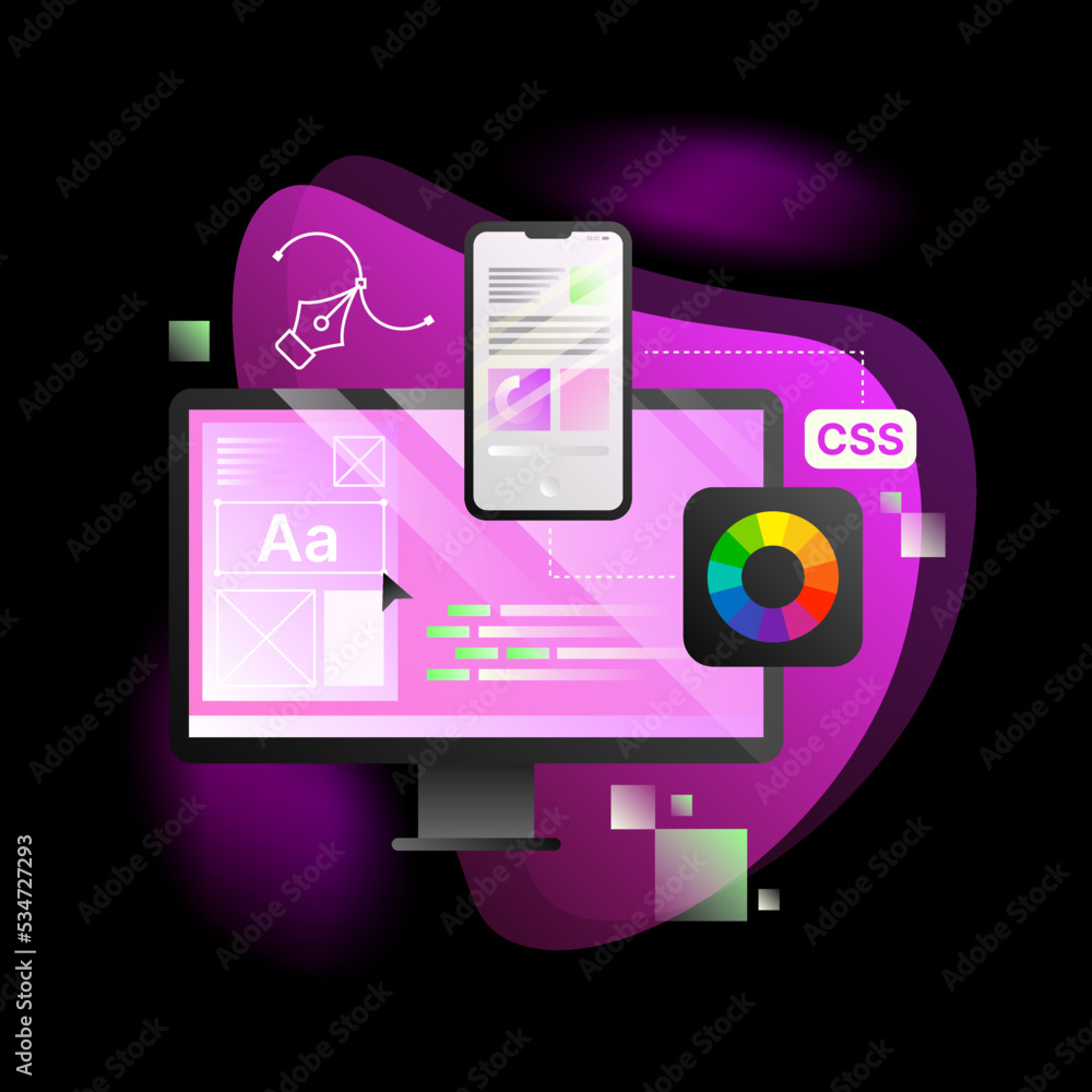 Poster design application illustration. pink computer desktop with online editing tools. vector illustratio