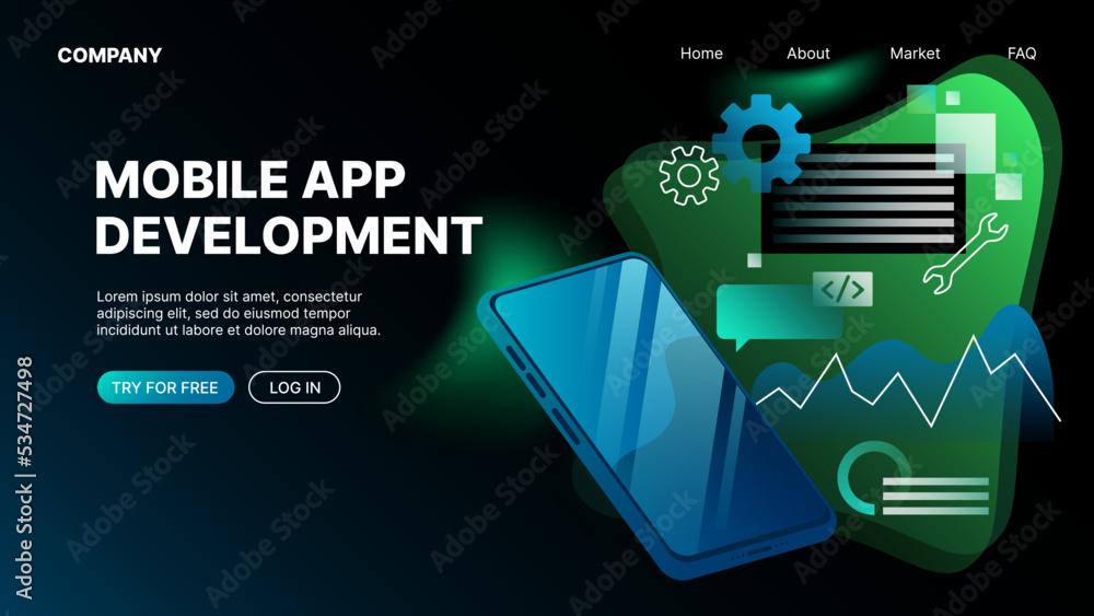 Poster mobile app development. horizontal web banner. vector illustration