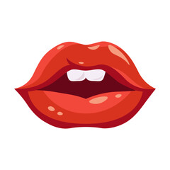 Red lips. Female mouth, sexy smile with white teeth, woman biting lip, showing kiss expression or tongue. Vector illustration for glamour, lipstick, emotions