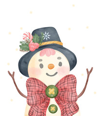 Christmas Snowman Vector Illustration. Cute Watercolor Cartoon Character. Perfect for greeting cards and festive decorations. Bring joy and cheer to your projects with this adorable character.