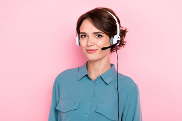 Photo portrait of attractive young lady headphones call center employee smiling wear stylish blue...