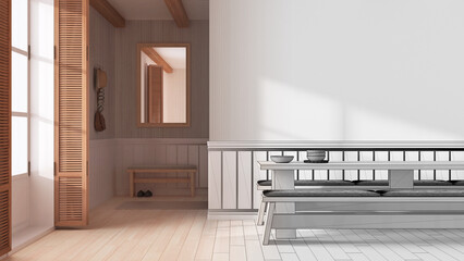 Architect interior designer concept: hand-drawn draft unfinished project that becomes real, japandi dining room with wooden minimalist table. Wall mockup. Minimalist style