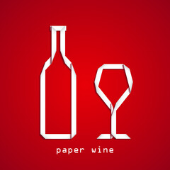 white paper ribbon wine bottle and cup / vector illustration
