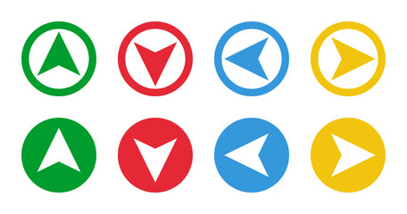 green up red down blue left yellow right arrows, round vector icons set