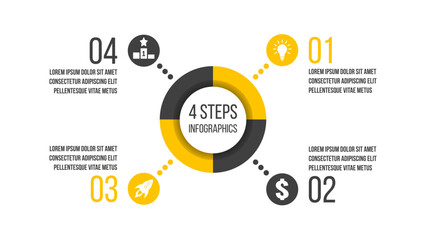 4 steps business process diagram. Four options vector infographics template. Strategy or marketing plan flow chart. Presentation layout with success icons.