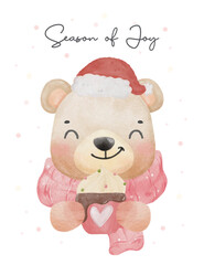 cute teddy bear holding pink cup of whipped cream wearing scarf and santa hat, Christmas bear, happy seoson, animal cartoon illustration hand drawing