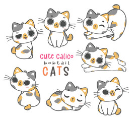 cute calico bobtail kitten cat cartoon doodle funny animal hand drawing vector