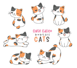 cute calico bobtail funny cat cartoon doodle animal hand drawing vector