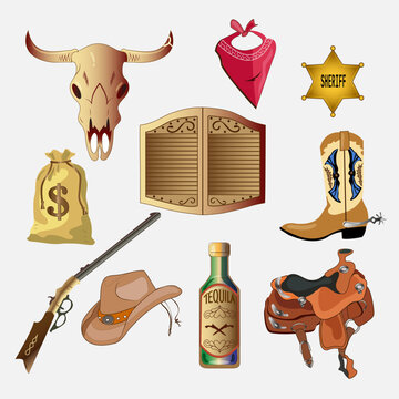 Colored illustrations of wild west symbols. Western vintage pictures isolated. Vector wild west .