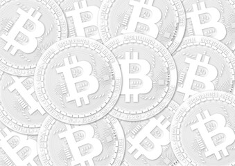 Background of cryptocurrency bitcoin, blockchain technology for cryptocurrency concept illustration, digital electronic currency investment, physical coins bitcoins, papercut paper art origami style