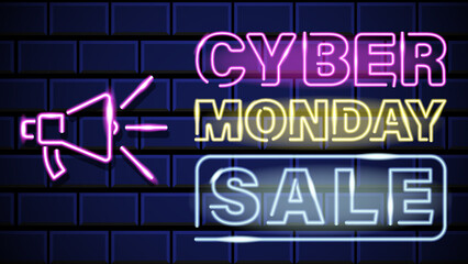 retro futuristic cyber monday sale banner with neon sign text effect