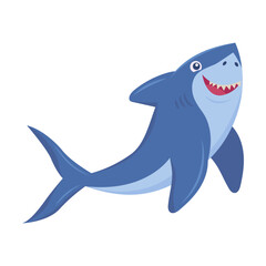 Smiling shark flat picture. Cartoon comic predator fish isolated on white background vector illustration. Underwater wildlife and ocean animals concept