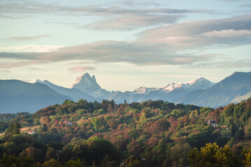 Pic du Midi d'Ossau from the Boulevard des Pyrénées in Pau, with first snow and fall's colors of...