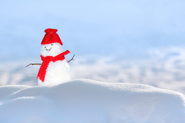 greeting card with copy-space.Happy snowman standing in winter christmas landscape.Snow background
