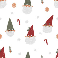 Cute Christmas gnomes with gifts, Christmas tree, house, decor. New Year and Christmas attributes vector flat illustration. Traditional winter holidays. Seamless pattern