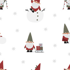 Cute Christmas gnomes with gifts, Christmas tree, house, decor. New Year and Christmas attributes vector flat illustration. Traditional winter holidays. Seamless pattern