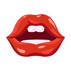 Red lips. Female mouth, sexy smile with white teeth, woman biting lip, showing kiss expression or tongue. Vector illustration for glamour