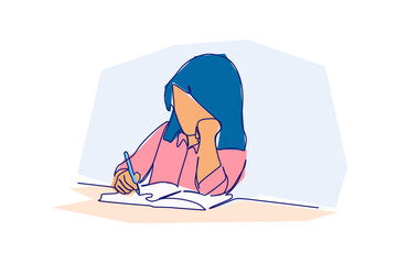 A young female student doing homework. Simple flat colour design Continuous one line drawing for education or business concept