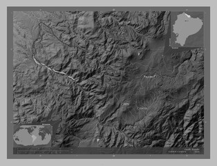 Carchi, Ecuador. Grayscale. Labelled points of cities