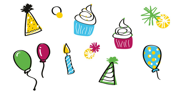 Happy birthday icons set. Party deco pattern party black line pink, blue, yellow and green. Candle, cake, balloon and hat illustration. Minimal style party