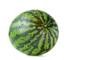 Whole watermelon on white background, space for text, close-up, at eye level. Oblong giant berry in green smooth thick rind on light monochrome surface.