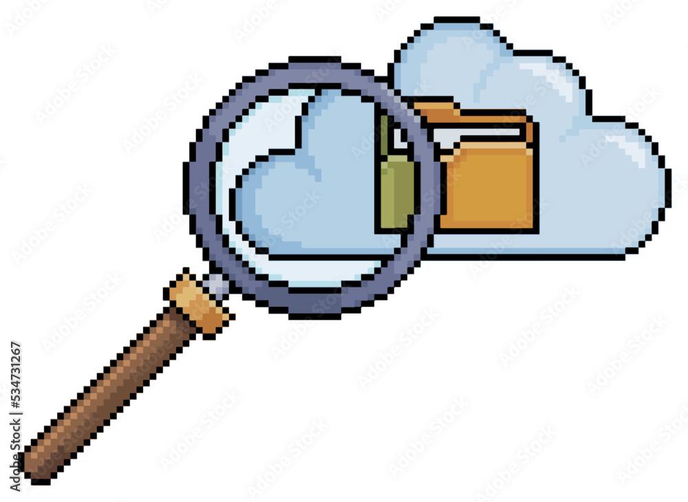 Poster Pixel art magnifying glass analyzing data and files in the cloud vector icon for 8bit game on white background